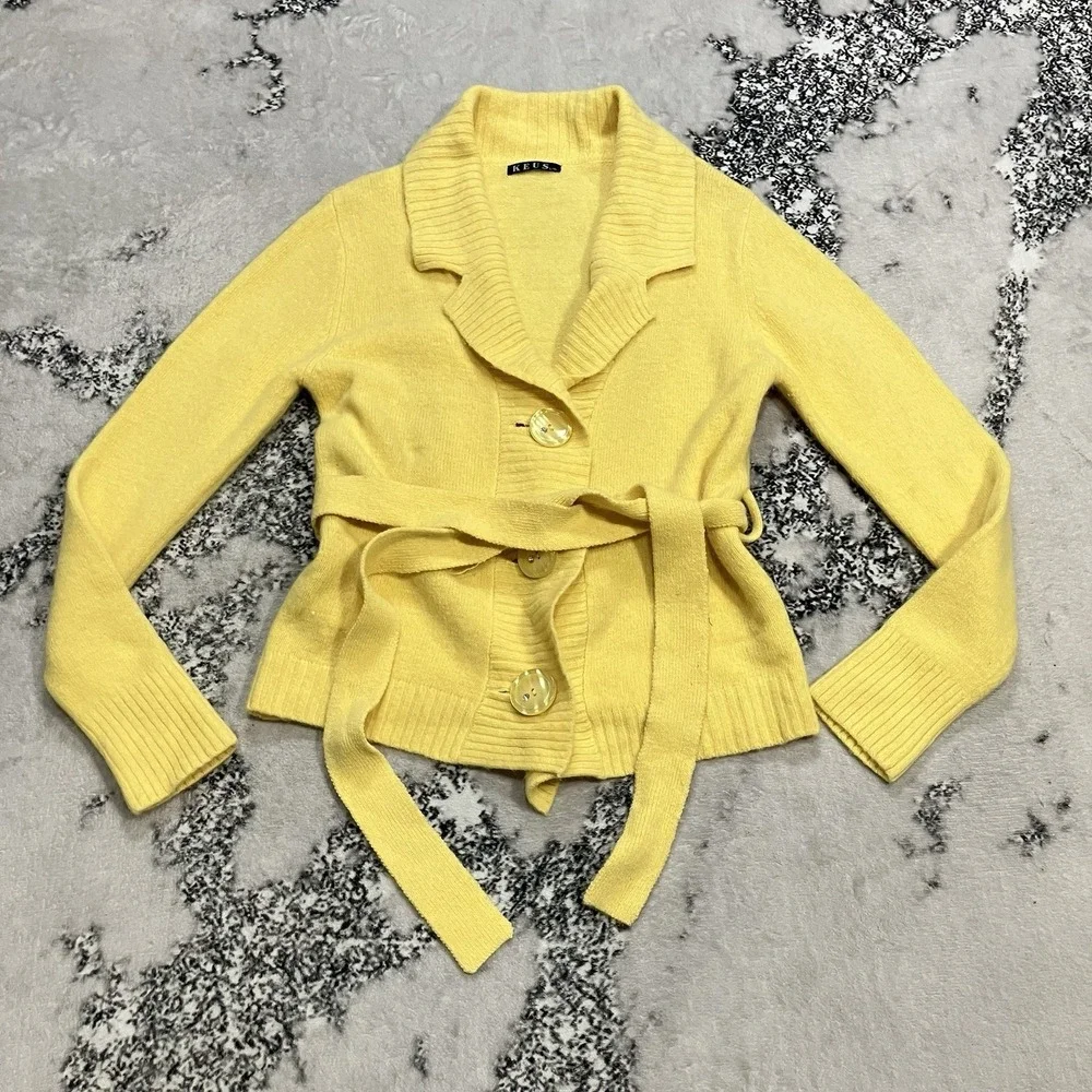 Keus Angora‎ Lambswool Cardigan Yellow Tie Waist Button Sweater Womens M